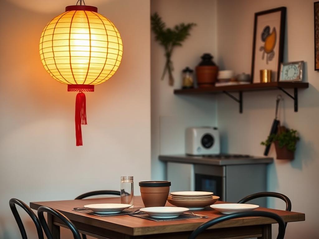 Mesa de comedor con lámpara japonesa de papel encendida